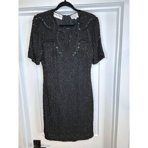Silky Nites New York Vintage Black Silk Beaded Sequin Dress Petite Medium Womens